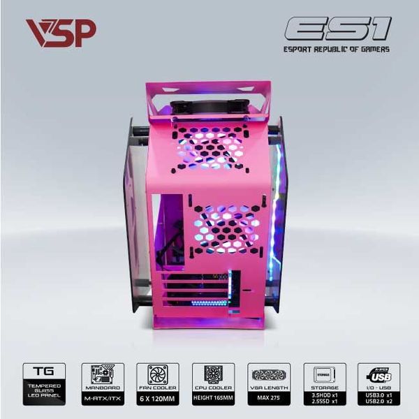 Thùng máy vỏ case máy tính VSP GAMING ES1 - Hồng