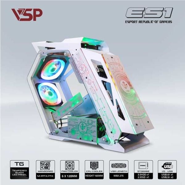Thùng máy vỏ case máy tính VSP GAMING ES1 - Trắng