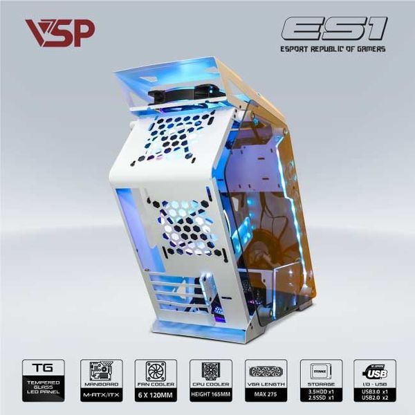 Thùng máy vỏ case máy tính VSP GAMING ES1 - Trắng