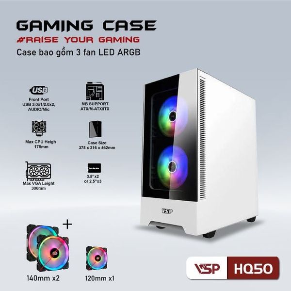 Thùng máy vỏ case máy tính VSP GAMING HQ50 - Trắng ( sẵn 3 FAN )