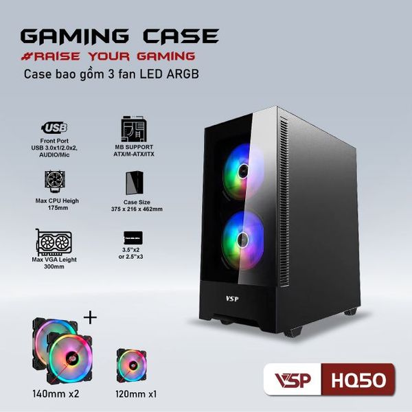 Thùng máy vỏ case máy tính VSP GAMING HQ50 - Đen ( sẵn 3 FAN )