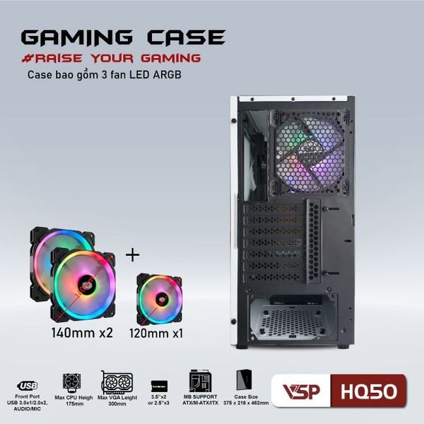 Thùng máy vỏ case máy tính VSP GAMING HQ50 - Trắng ( sẵn 3 FAN )