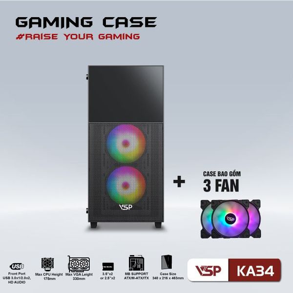 Thùng máy vỏ case máy tính VSP Gaming KA34 ( sẵn 3 Fan )