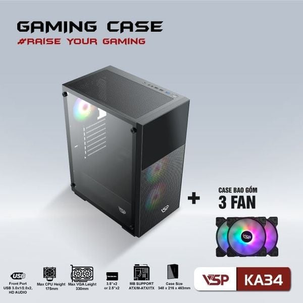 Thùng máy vỏ case máy tính VSP Gaming KA34 ( sẵn 3 Fan )