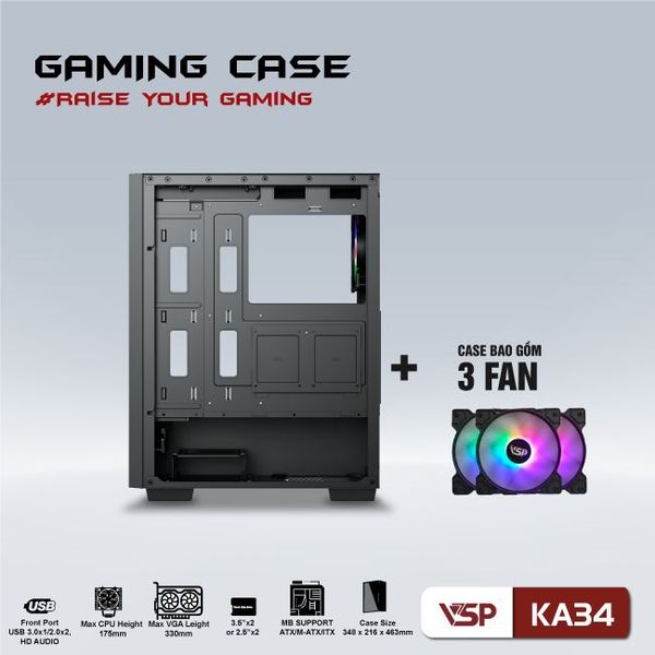 Thùng máy vỏ case máy tính VSP Gaming KA34 ( sẵn 3 Fan )