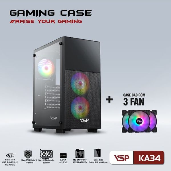 Thùng máy vỏ case máy tính VSP Gaming KA34 ( sẵn 3 Fan )