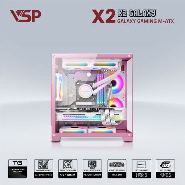 Thùng máy vỏ case máy tính VSP AQUANAUT PRO GAMING M-ATX X2 GALAXY - Hồng