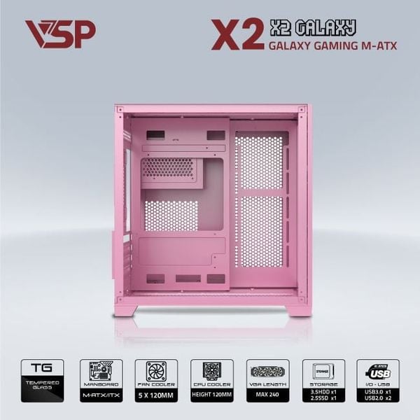 Thùng máy vỏ case máy tính VSP AQUANAUT PRO GAMING M-ATX X2 GALAXY - Hồng
