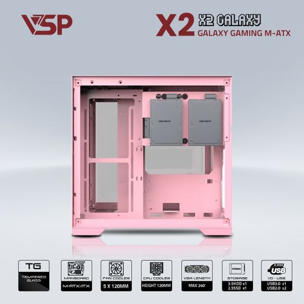 Thùng máy vỏ case máy tính VSP AQUANAUT PRO GAMING M-ATX X2 GALAXY - Hồng