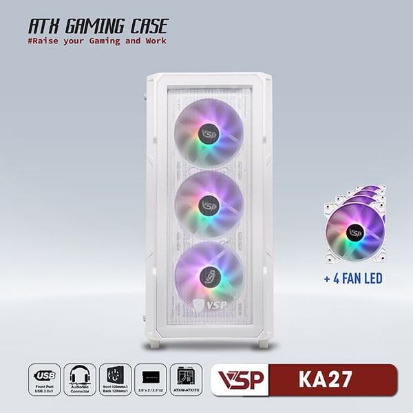 Thùng máy vỏ case máy tính VSP GAMING KA27- Trắng ( sẵn 4 Fan )