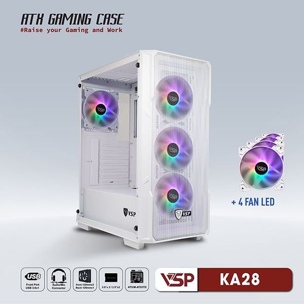 Thùng máy vỏ case máy tính VSP GAMING KA28 - Trắng ( sẵn 4 Fan )