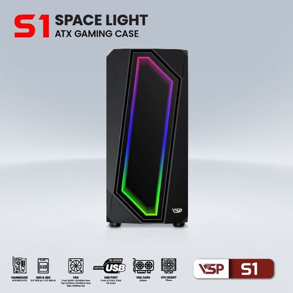 Thùng máy vỏ case máy tính VSP GAMING S1 - Đen