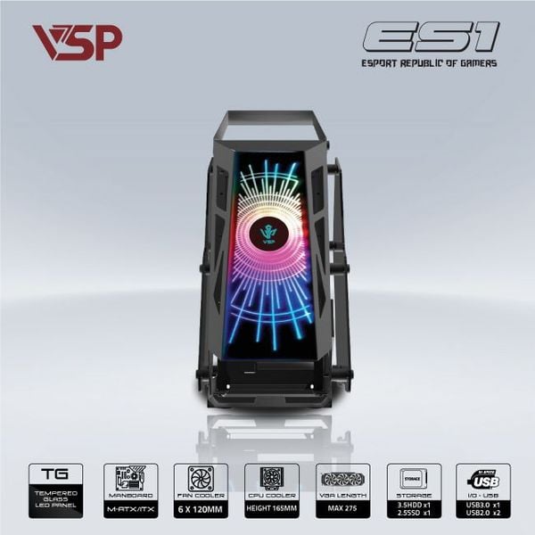 Thùng máy vỏ case máy tính VSP GAMING ES1 - Đen