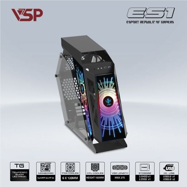 Thùng máy vỏ case máy tính VSP GAMING ES1 - Đen