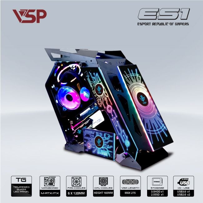 Thùng máy vỏ case máy tính VSP GAMING ES1 - Đen