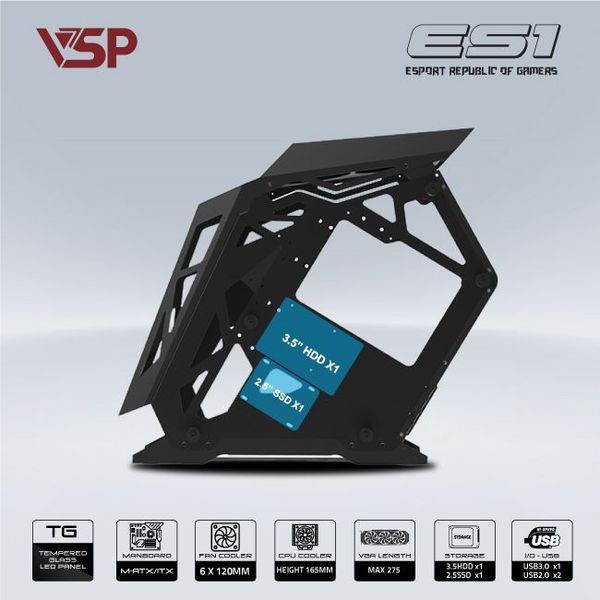 Thùng máy vỏ case máy tính VSP GAMING ES1 - Đen