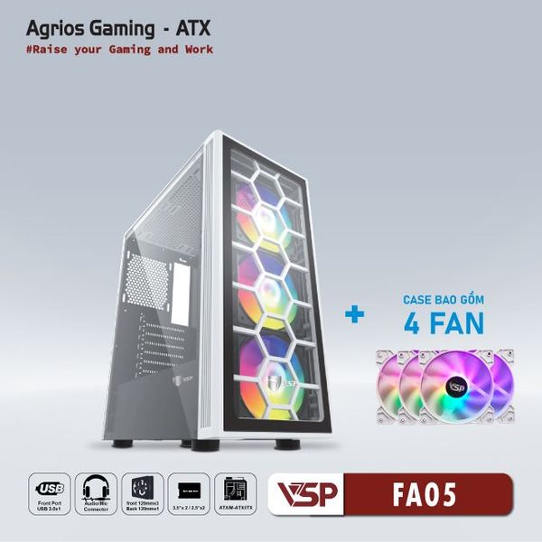 Thùng máy vỏ case máy tính VSP GAMING FA05 - Trắng ( sẵn 4 Fan )