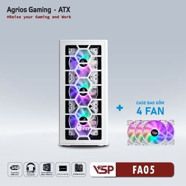 Thùng máy vỏ case máy tính VSP GAMING FA05 - Trắng ( sẵn 4 Fan )