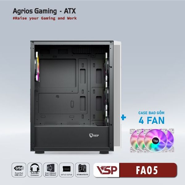 Thùng máy vỏ case máy tính VSP GAMING FA05 - Trắng ( sẵn 4 Fan )