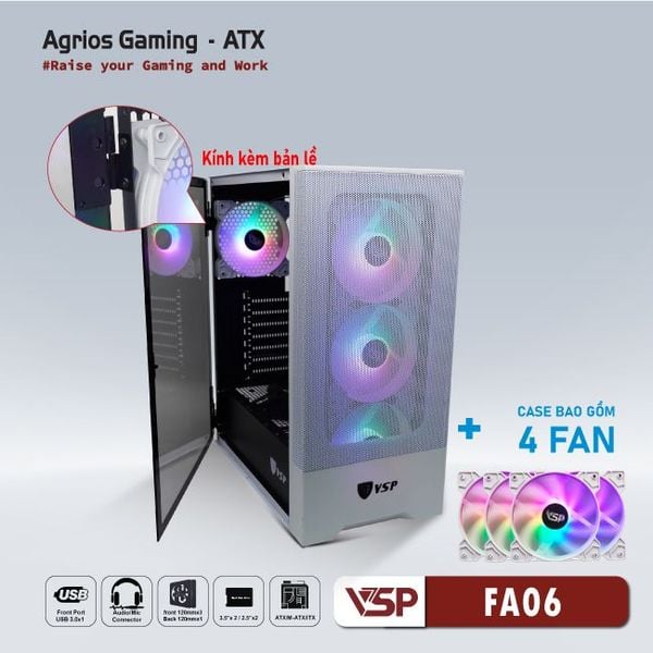 Thùng máy vỏ case máy tính VSP GAMING FA06 - Trắng ( sẵn 4 Fan )