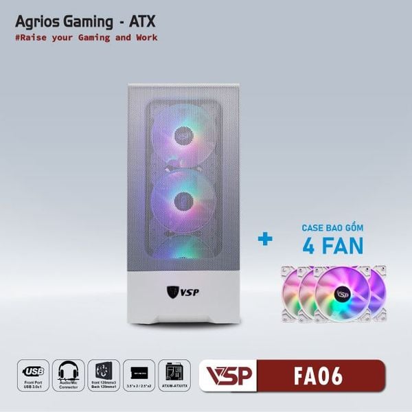 Thùng máy vỏ case máy tính VSP GAMING FA06 - Trắng ( sẵn 4 Fan )