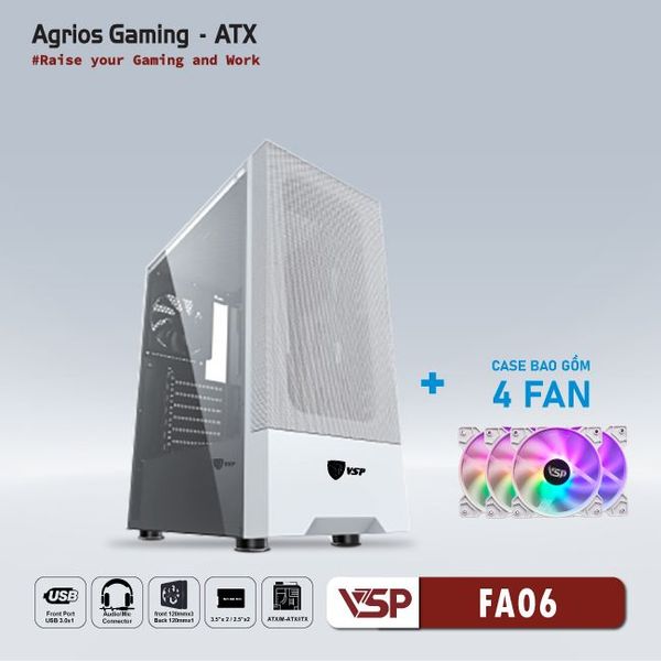Thùng máy vỏ case máy tính VSP GAMING FA06 - Trắng ( sẵn 4 Fan )