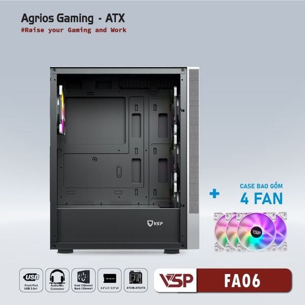 Thùng máy vỏ case máy tính VSP GAMING FA06 - Trắng ( sẵn 4 Fan )