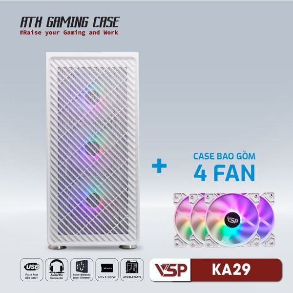 Thùng máy vỏ case máy tính VSP GAMING KA29 - Trắng ( sẵn 4 Fan )