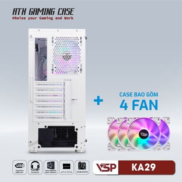 Thùng máy vỏ case máy tính VSP GAMING KA29 - Trắng ( sẵn 4 Fan )