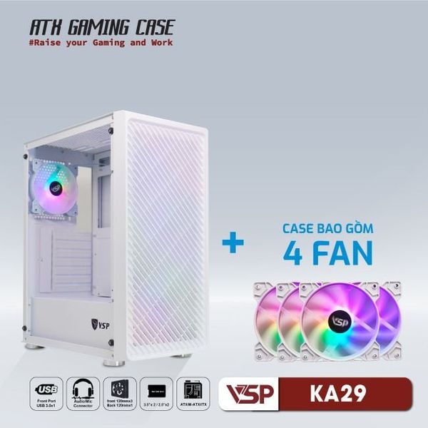 Thùng máy vỏ case máy tính VSP GAMING KA29 - Trắng ( sẵn 4 Fan )