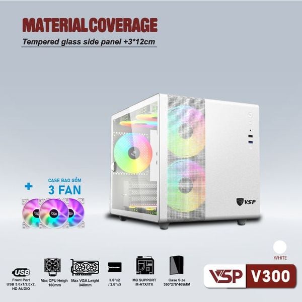 Thùng máy vỏ case máy tính VSP Gaming V300 Mini ATX - Trắng ( sẵn 3 Fan )