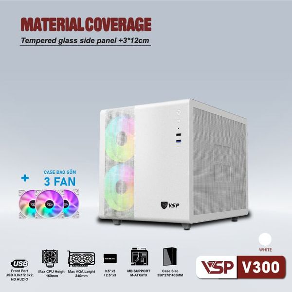 Thùng máy vỏ case máy tính VSP Gaming V300 Mini ATX - Trắng ( sẵn 3 Fan )