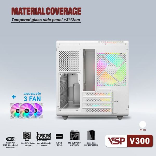 Thùng máy vỏ case máy tính VSP Gaming V300 Mini ATX - Trắng ( sẵn 3 Fan )