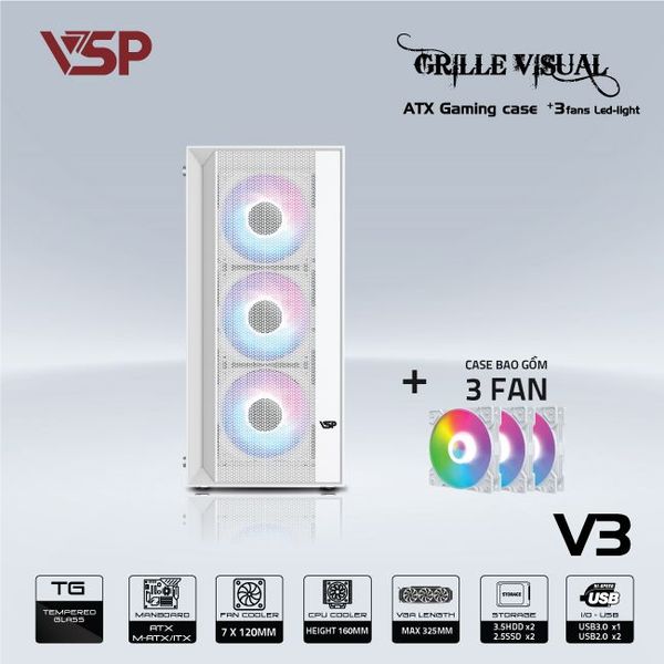 Thùng máy vỏ case máy tính VSP V3 - TRẮNG ( sẵn 3 Fan )