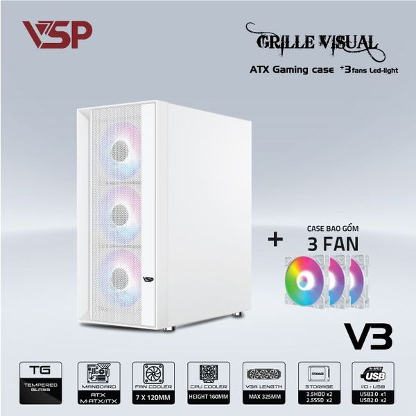 Thùng máy vỏ case máy tính VSP V3 - TRẮNG ( sẵn 3 Fan )