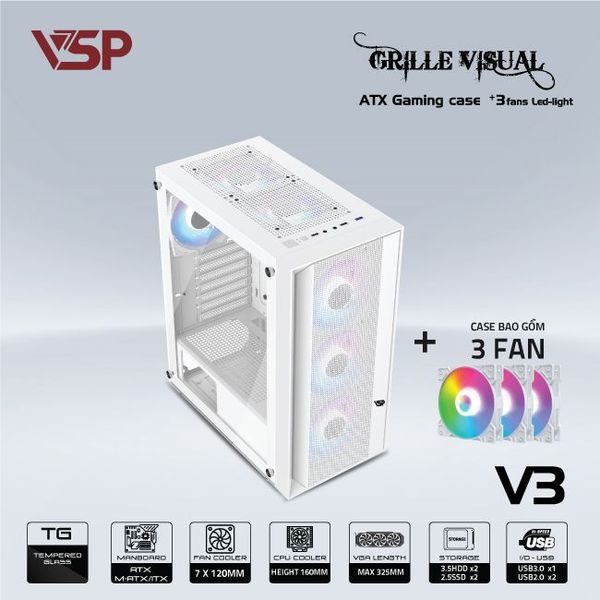 Thùng máy vỏ case máy tính VSP V3 - TRẮNG ( sẵn 3 Fan )