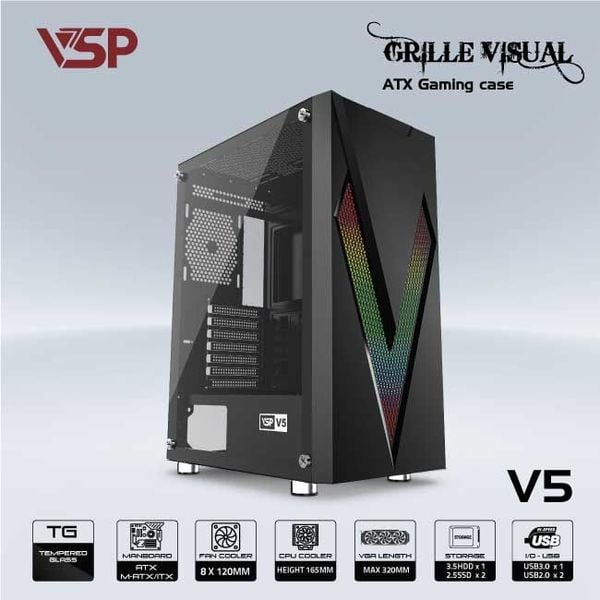Thùng máy vỏ case máy tính VSP V5 - Đen