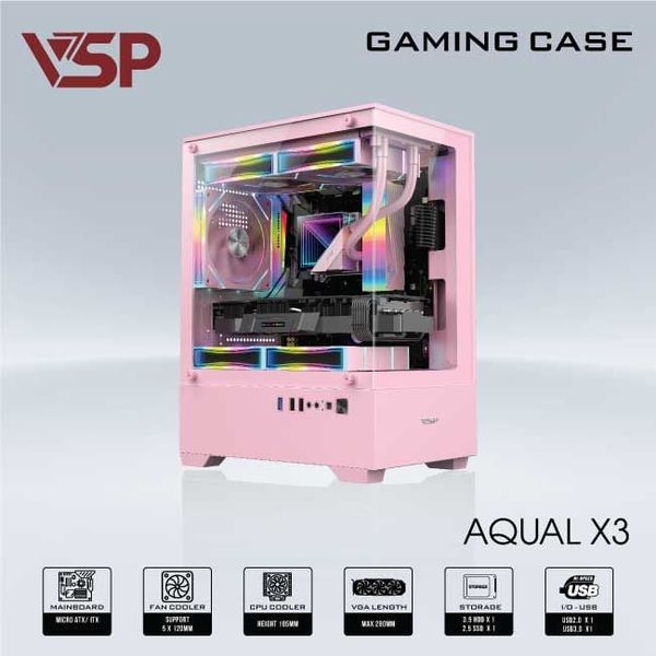 Thùng máy vỏ case máy tính VSP  AQUAL X3 - HỒNG