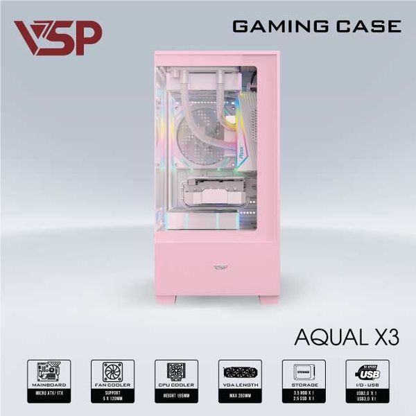 Thùng máy vỏ case máy tính VSP  AQUAL X3 - HỒNG
