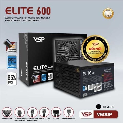 BỘ NGUỒN CÔNG SUẤT THỰC VSP ELITE ACTIVE PFC V600P - ĐEN