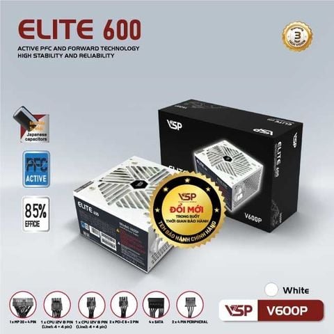 BỘ NGUỒN CÔNG SUẤT THỰC VSP ELITE ACTIVE PFC V600P - TRẮNG