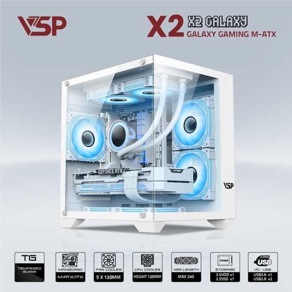Thùng máy vỏ case máy tính VSP AQUANAUT PRO GAMING M-ATX X2 GALAXY - Trắng