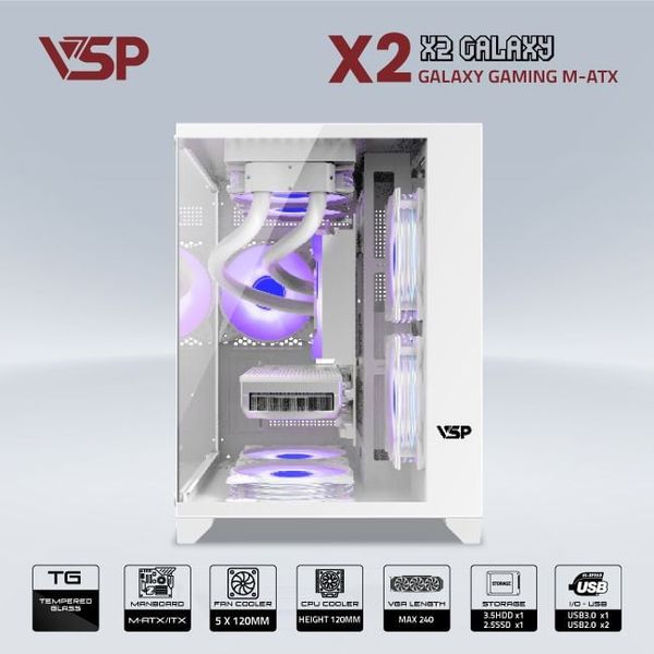 Thùng máy vỏ case máy tính VSP AQUANAUT PRO GAMING M-ATX X2 GALAXY - Trắng
