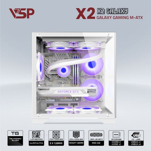 Thùng máy vỏ case máy tính VSP AQUANAUT PRO GAMING M-ATX X2 GALAXY - Trắng