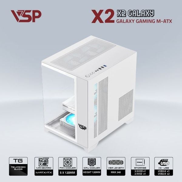 Thùng máy vỏ case máy tính VSP AQUANAUT PRO GAMING M-ATX X2 GALAXY - Trắng