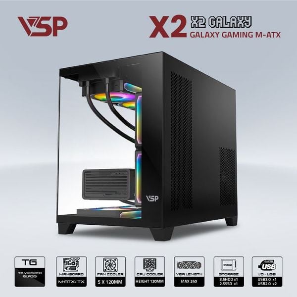 Thùng máy vỏ case máy tính VSP AQUANAUT PRO GAMING M-ATX X2 GALAXY - ĐEN