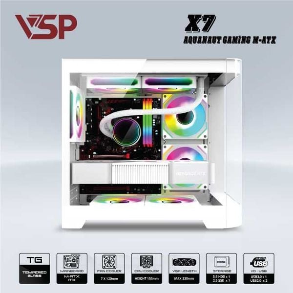 Thùng máy vỏ case máy tính VSP AQUANAUT PRO GAMING M-ATX X7 - TRẮNG