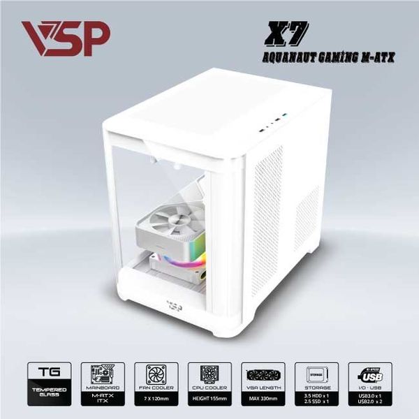 Thùng máy vỏ case máy tính VSP AQUANAUT PRO GAMING M-ATX X7 - TRẮNG