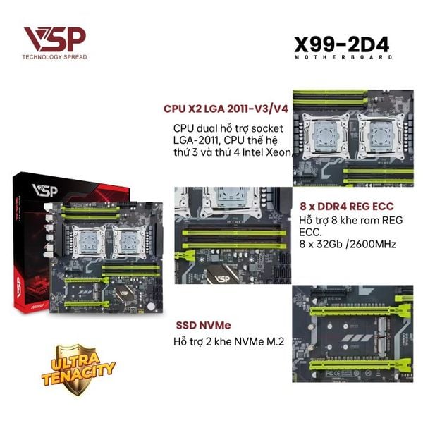 Bo mạch chủ - Mainboard VSP X99 - 2D4 - DDR4 - EATX - 2 CPU - Chính hãng