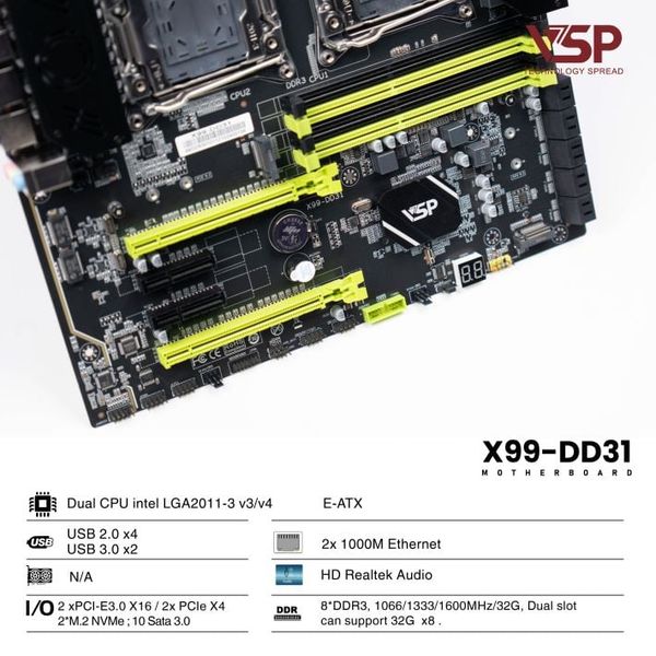 Bo mạch chủ - Mainboard VSP X99 - DD31 - 2 CPU - DDR3 - EATX - Chính hãng